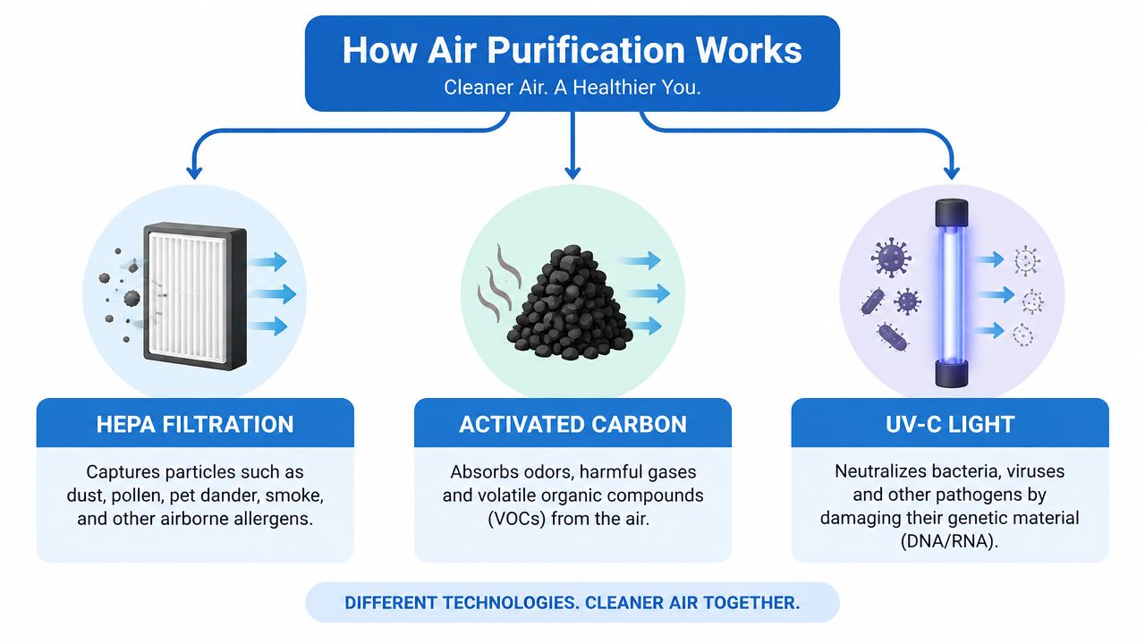 An infographic showing how air purification works using HEPA filtration, activated carbon, and UV-C light technologies.