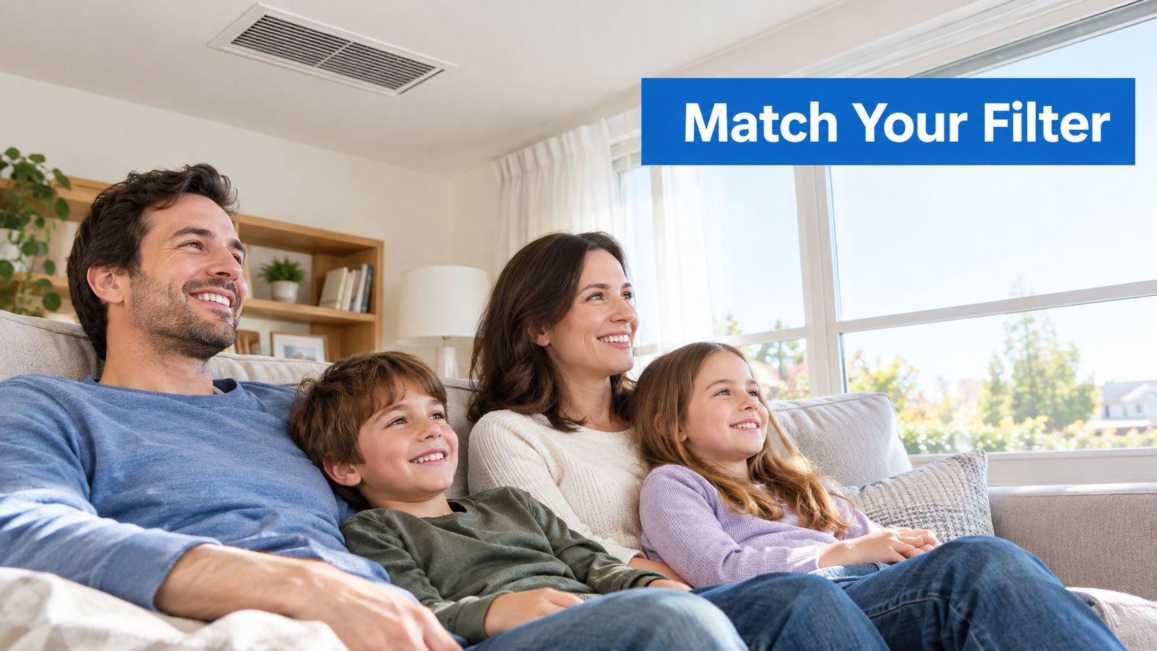 A happy family of four sitting on a couch together while watching television at home.