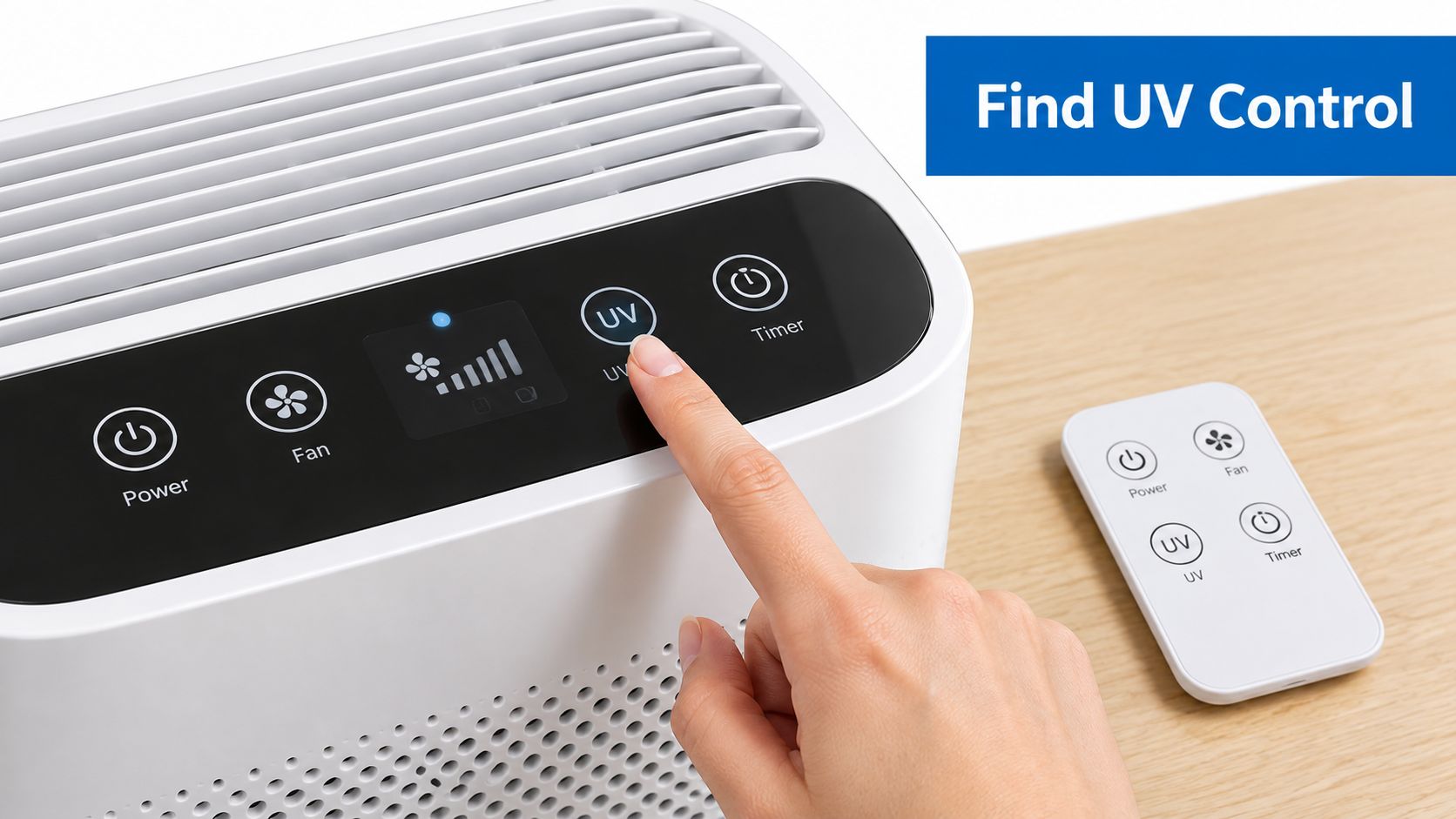 A hand pressing the UV button on an air purifier control panel with a remote nearby.