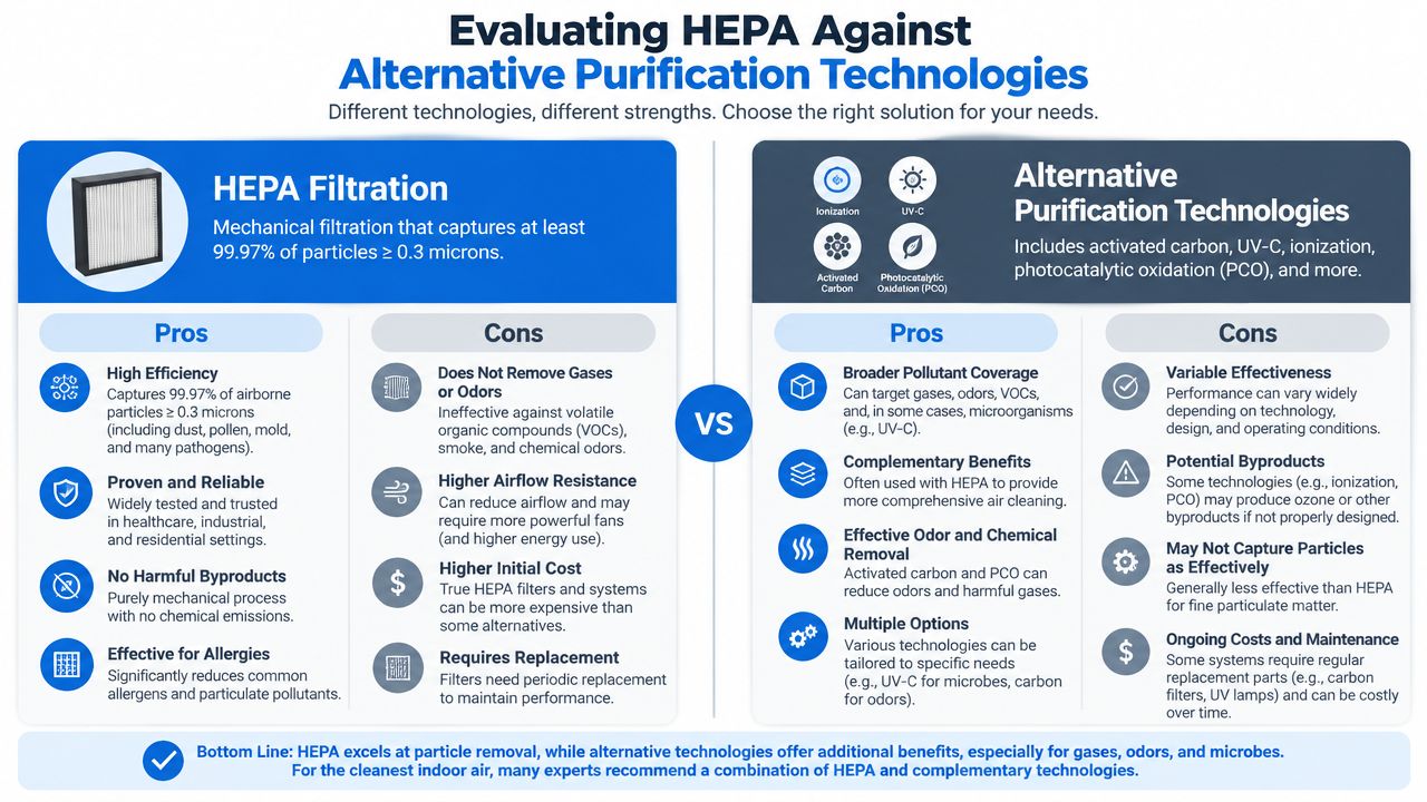 A comparison chart showing the pros and cons of HEPA filtration versus alternative air purification technologies.