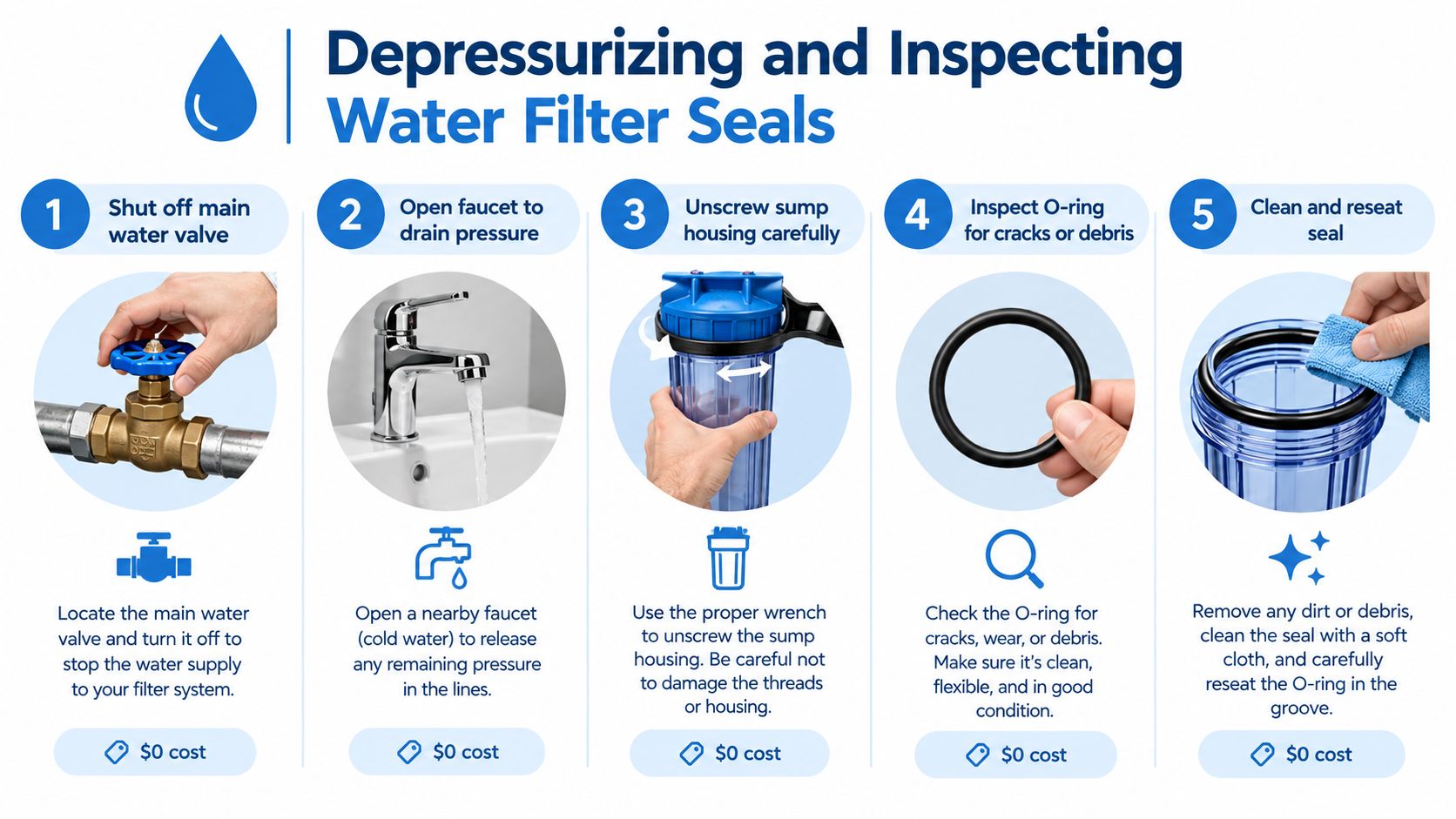A step-by-step infographic showing how to depressurize and inspect a water filter seal at home.