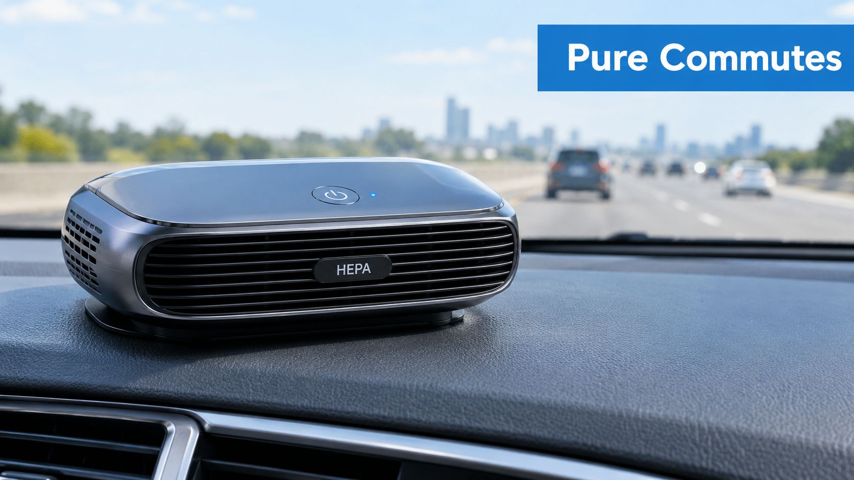 A modern, sleek HEPA car air purifier sitting on the dashboard of a vehicle driving on highway.