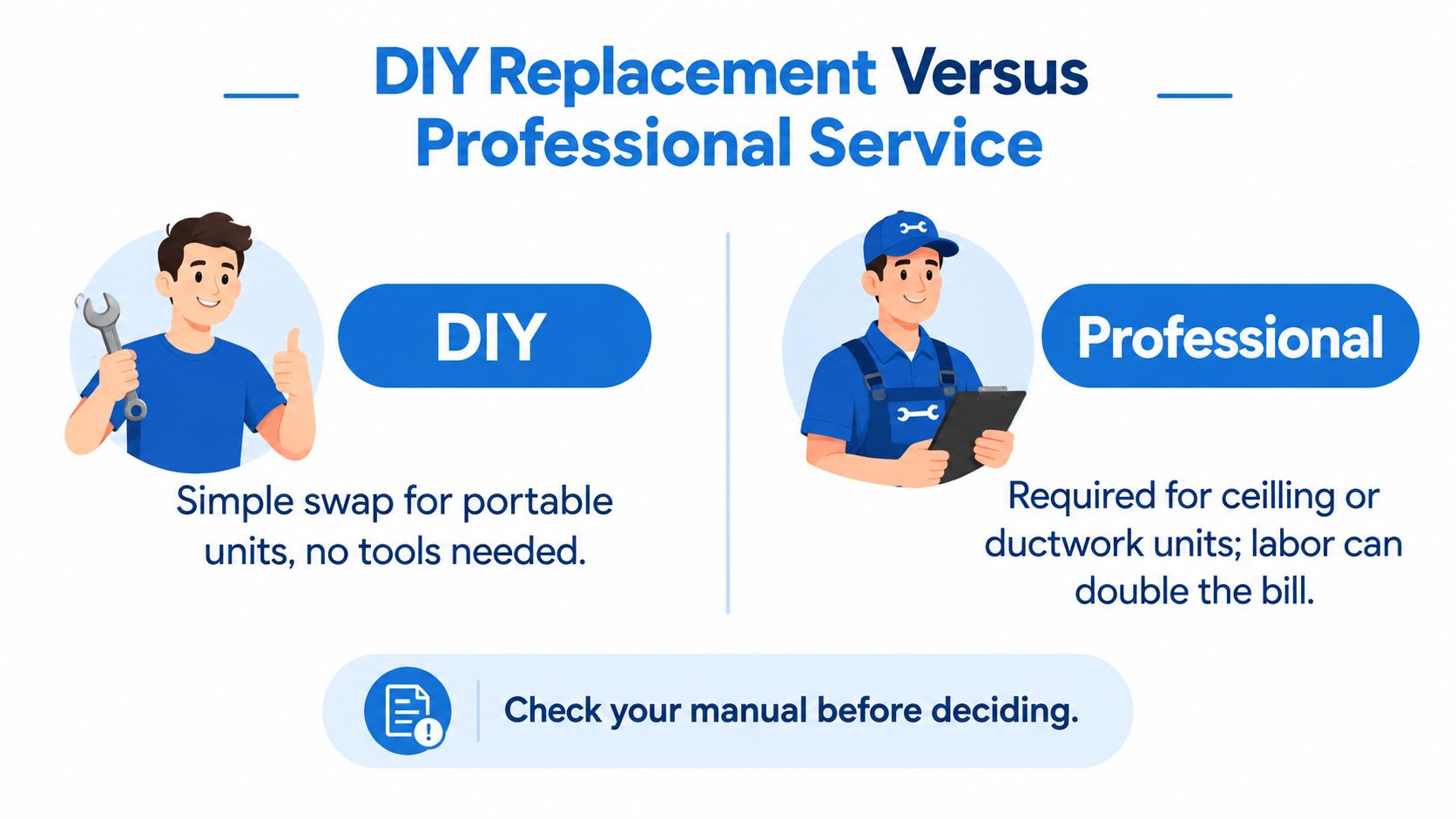 A graphic comparing DIY versus professional air purifier filter replacement, illustrating when to handle it personally or hire experts.