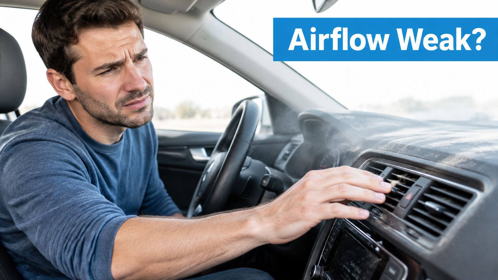 A concerned driver inspecting the weak airflow coming from the dusty air vent in their car dashboard.