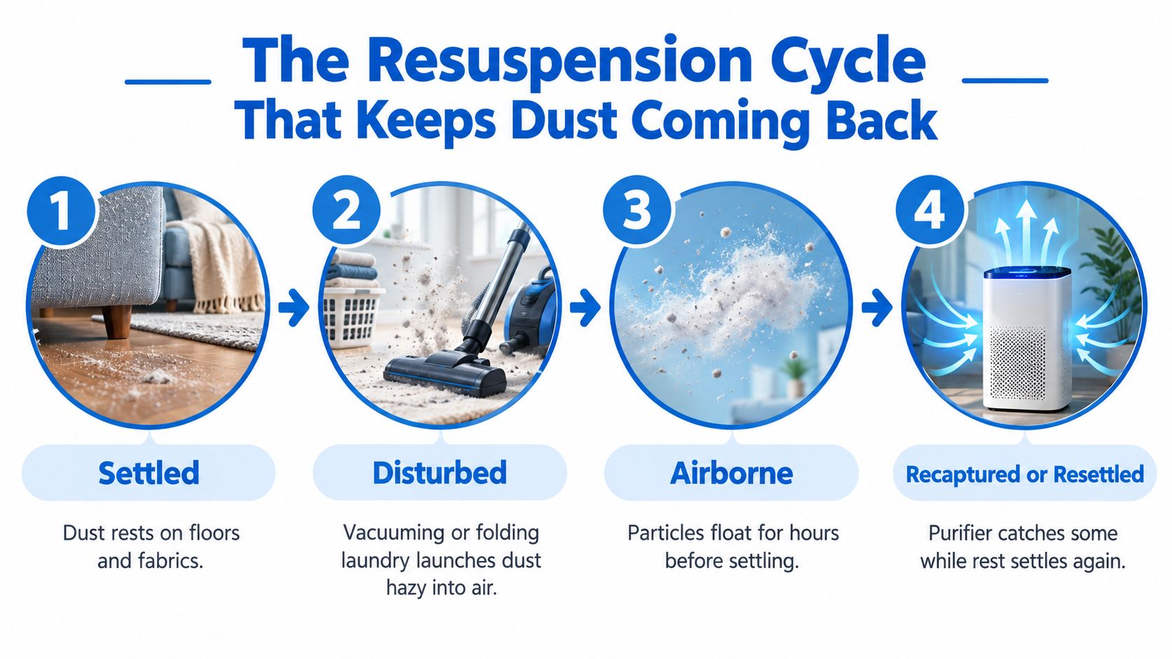 An infographic illustrating the four-step resuspension cycle of house dust, showing how settled dust becomes airborne and eventually recaptured.