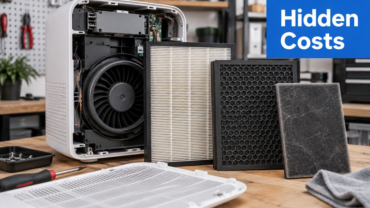 An disassembled air purifier with its various filter components displayed on a wooden workbench during maintenance.