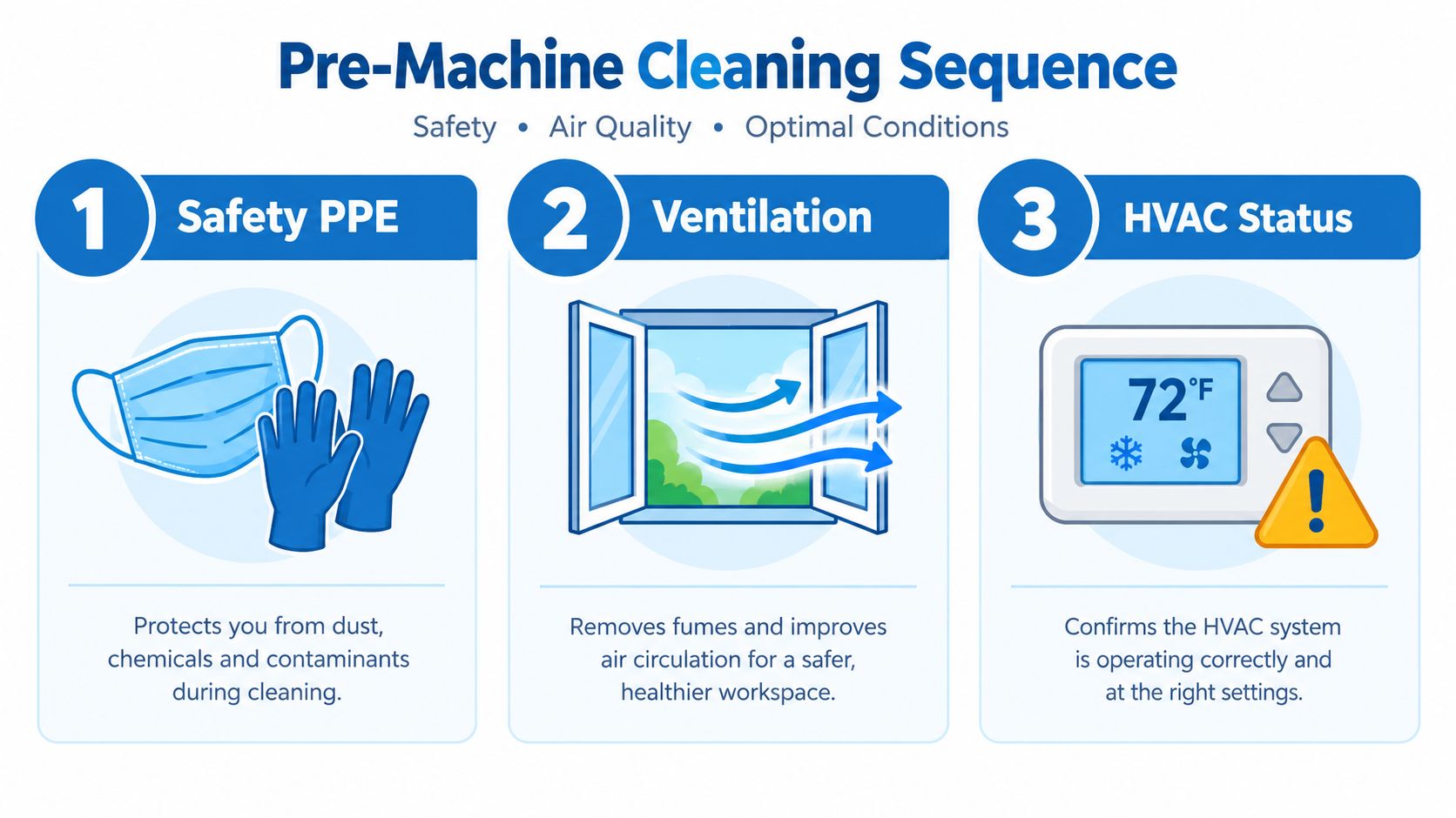 A three-step infographic showing a pre-machine cleaning sequence including wearing PPE, ventilating the room, and checking HVAC status.