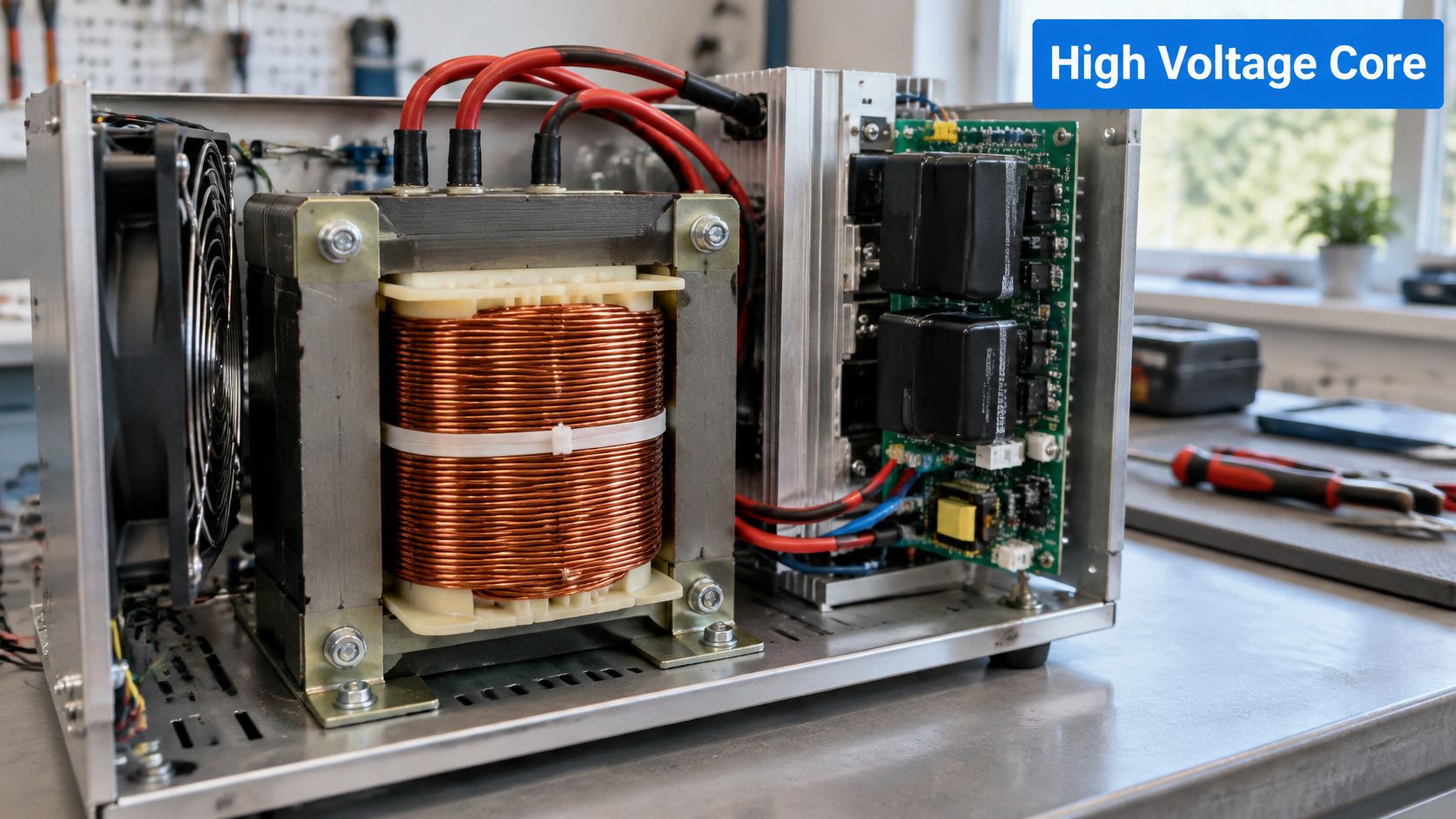 Internal components of an ozone generator, featuring a large copper transformer coil and electrical circuits.