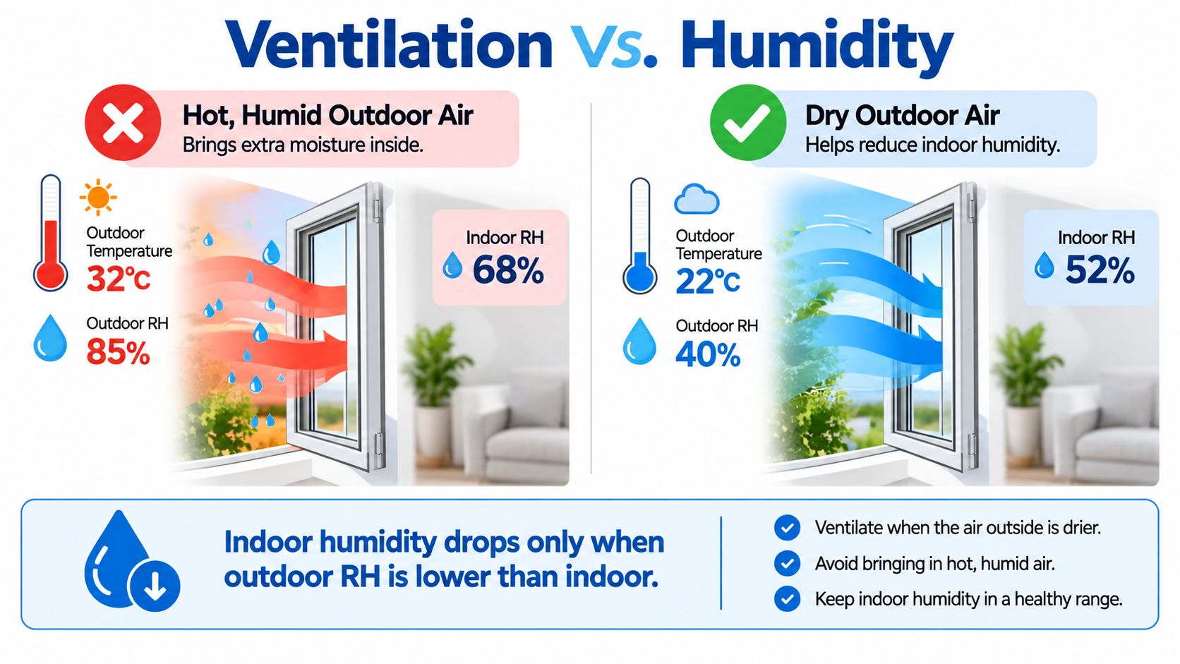 An infographic illustrating how to manage indoor humidity by comparing hot humid outdoor air with dry outdoor air.