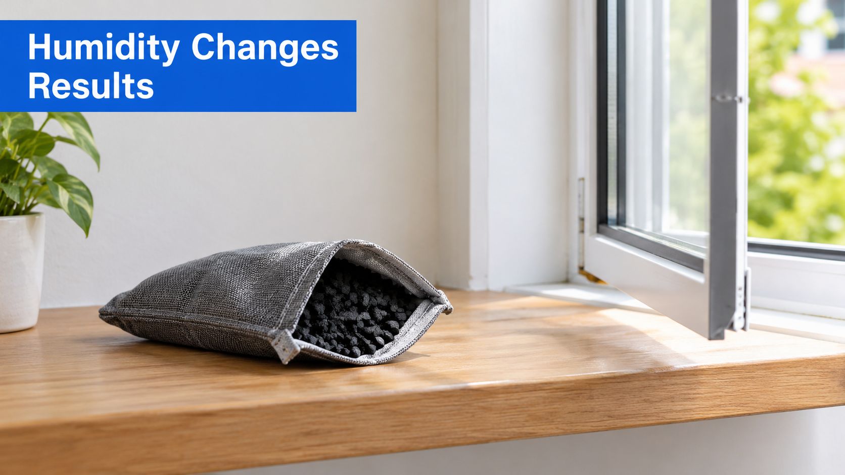 An activated charcoal bag resting on a wooden windowsill beside an open window and a small plant.