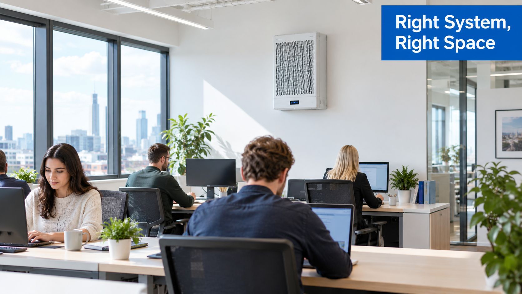 A modern office space featuring employees working at desks with a wall-mounted commercial air purifier installed.