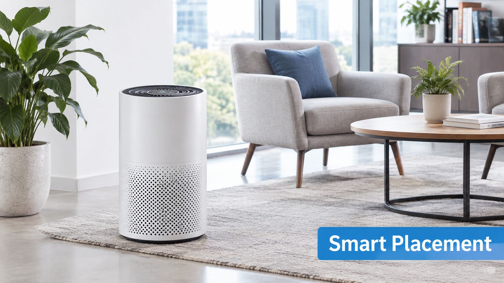 A modern white air purifier placed on a rug in a bright, contemporary living room setting.