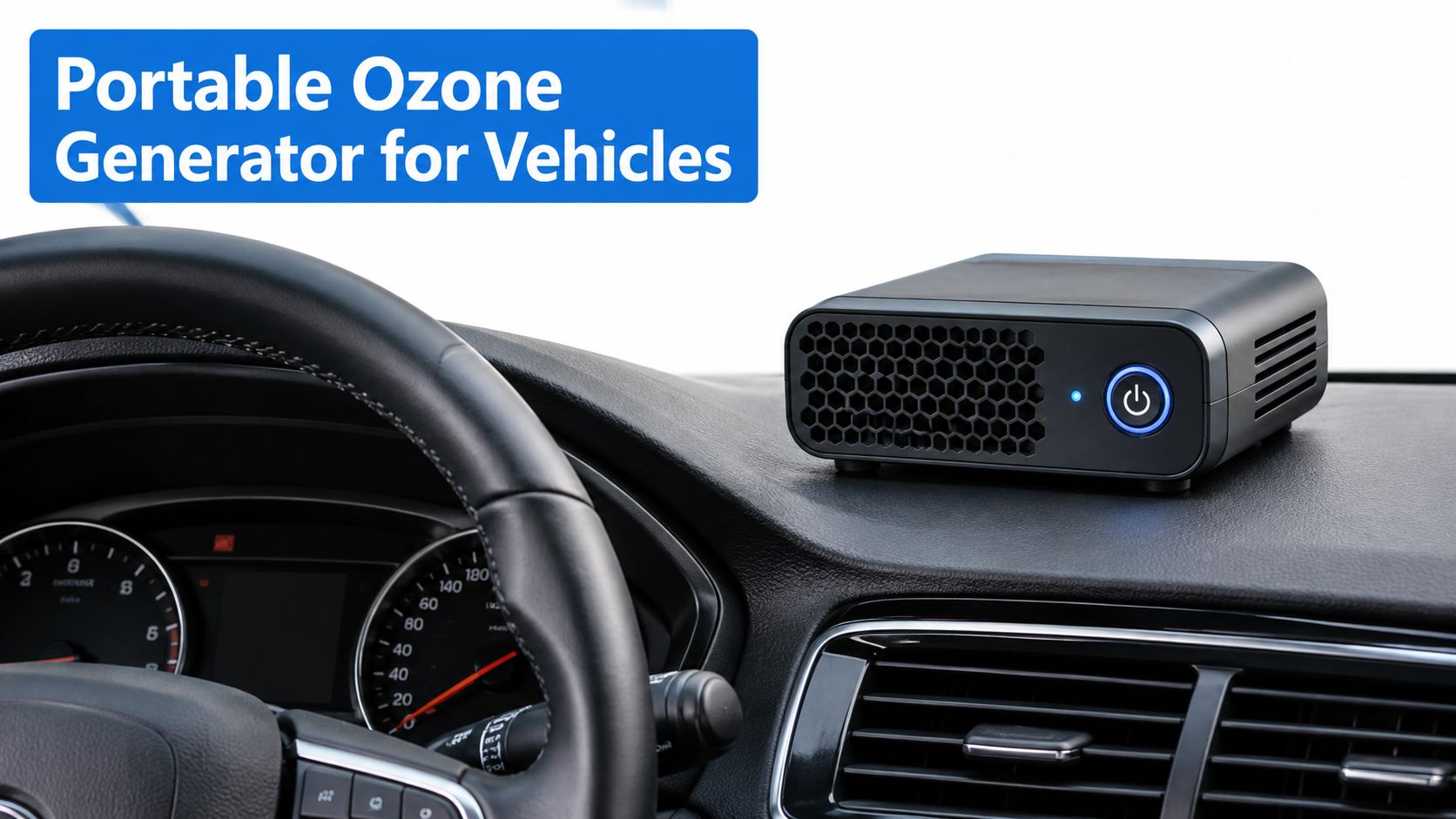 A portable ozone generator for vehicles sits on the dashboard of a car interior.