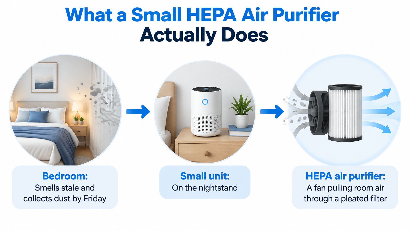 An infographic showing how a small HEPA air purifier cleans bedroom air by filtering out dust particles.
