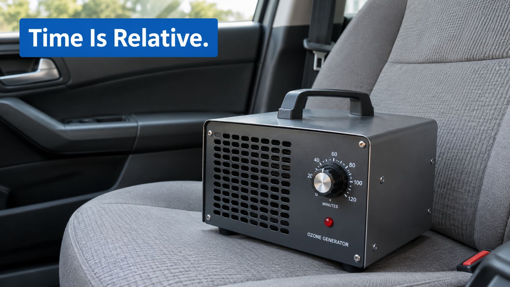 A metal ozone generator unit sitting on the gray fabric passenger seat of a car interior.