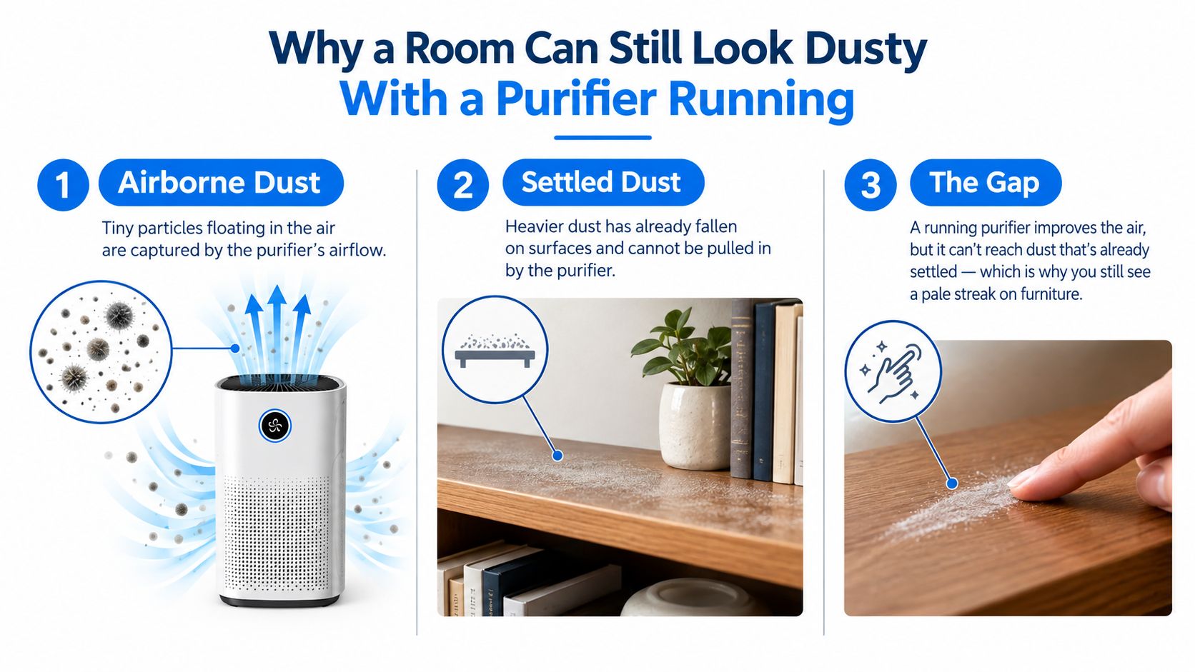 An infographic explaining why rooms can still appear dusty despite running an air purifier appliance.