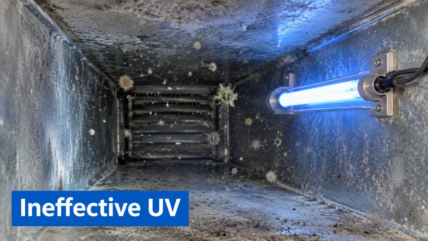 A dirty HVAC air duct with a glowing UV light fixture installed inside, showing airborne mold spores.
