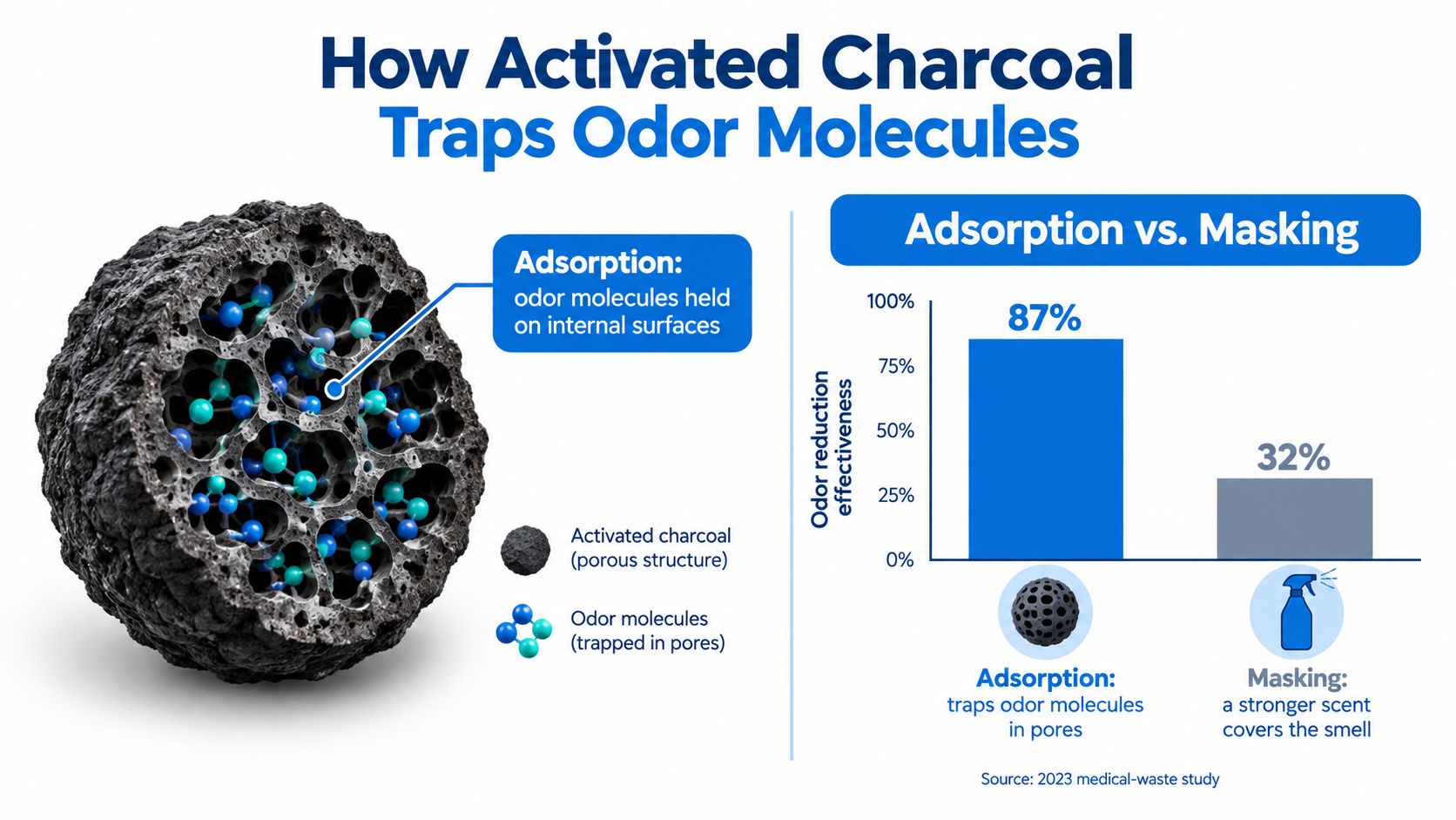 An infographic comparing the effectiveness of odor adsorption via activated charcoal versus scent masking sprays.