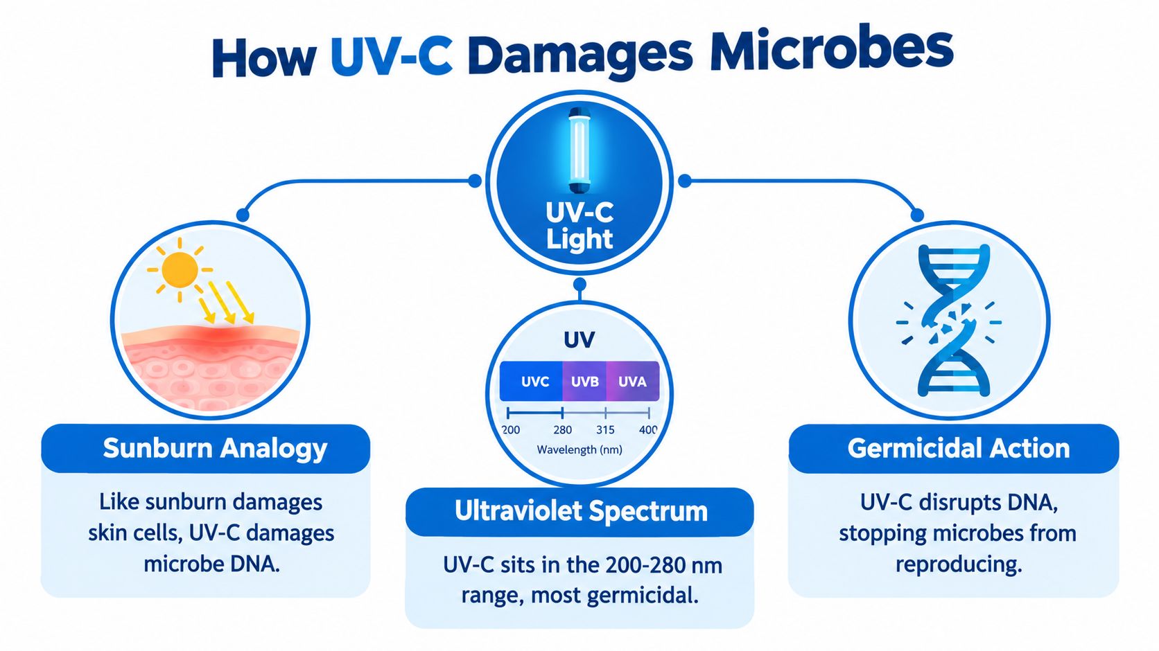 A diagram illustrating how UV-C light damages microbes by disrupting their DNA, similar to a sunburn.