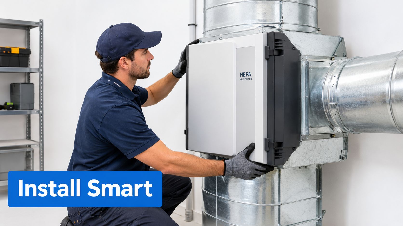 A technician wearing a uniform and gloves installs a whole house HEPA air filtration unit on metal ductwork.