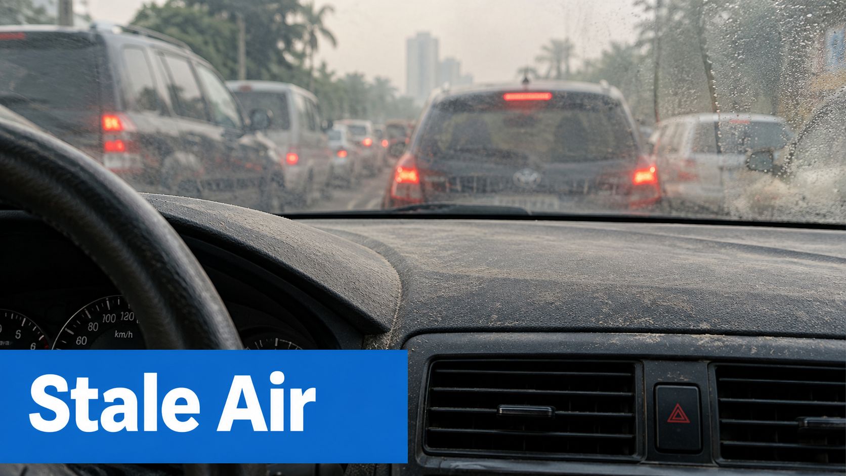 A view from inside a car through a dusty windshield showing traffic congestion and air pollution.