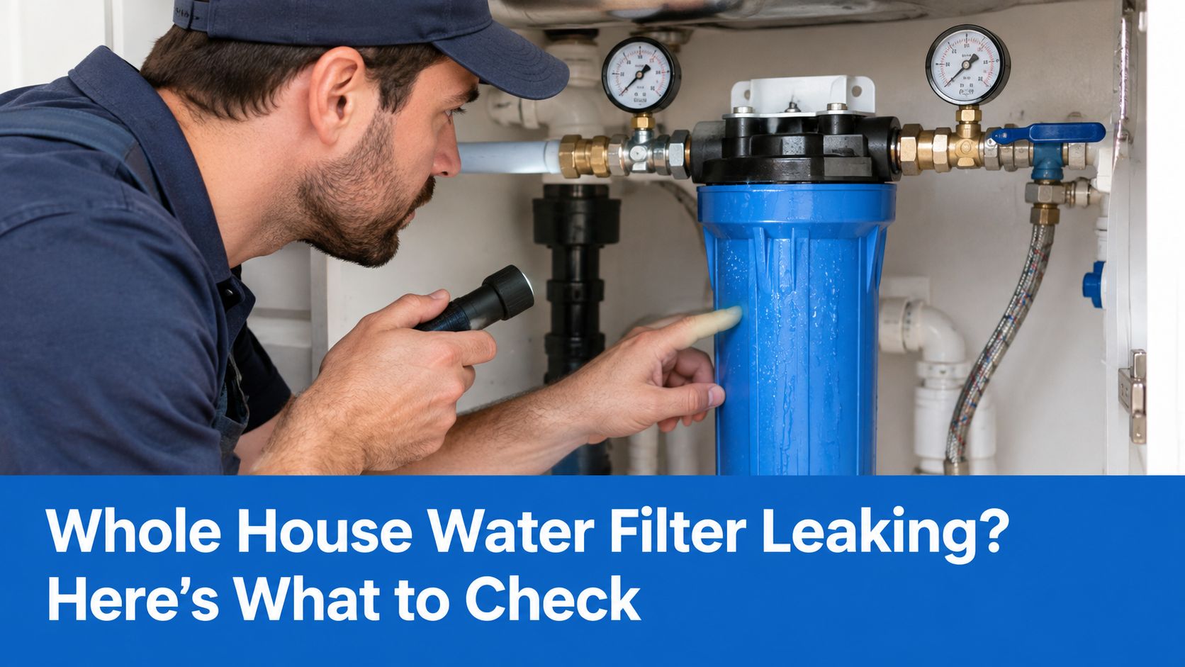 A professional plumber wearing a cap inspects a leaking whole house water filter housing with a flashlight.