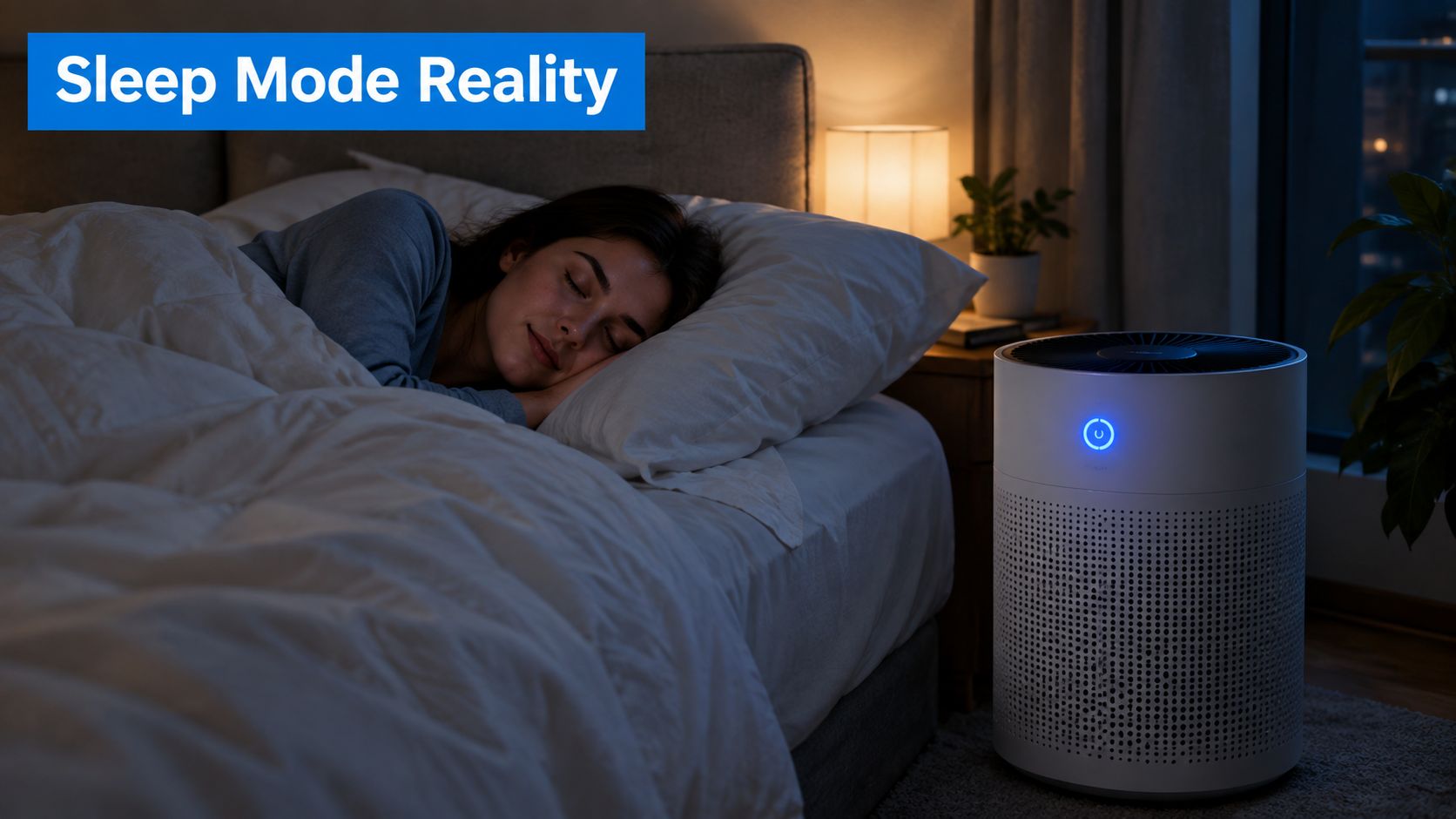 A young woman sleeps peacefully in bed next to a quiet air purifier with a soft light.