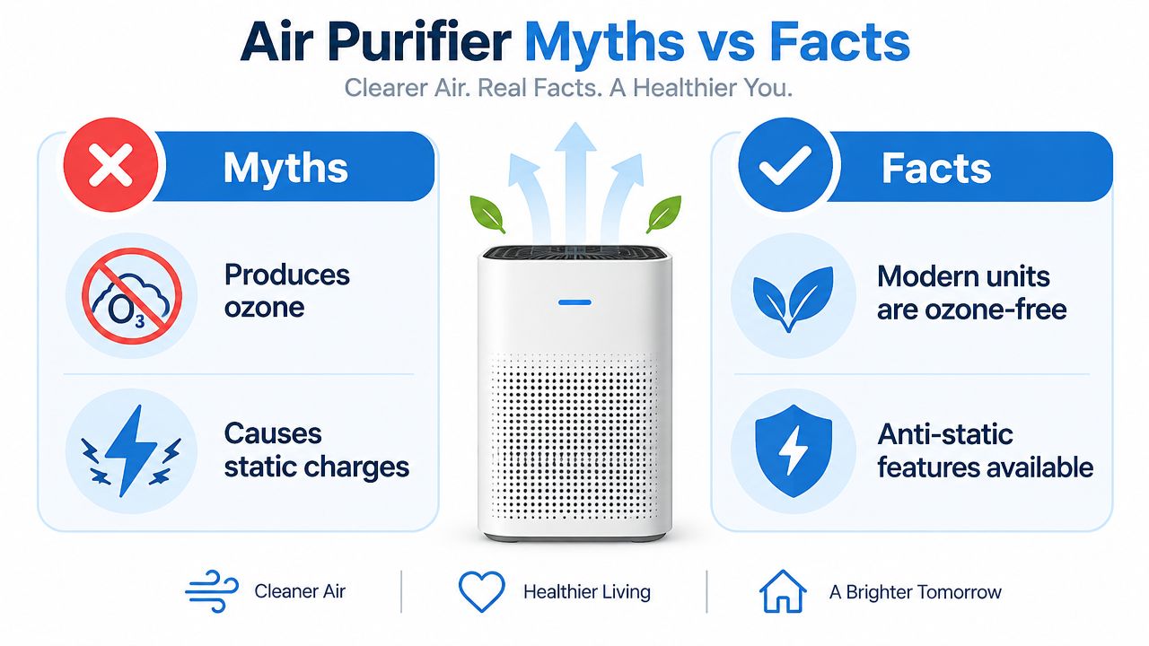 An infographic titled Air Purifier Myths vs Facts showing common misconceptions compared to modern product realities.