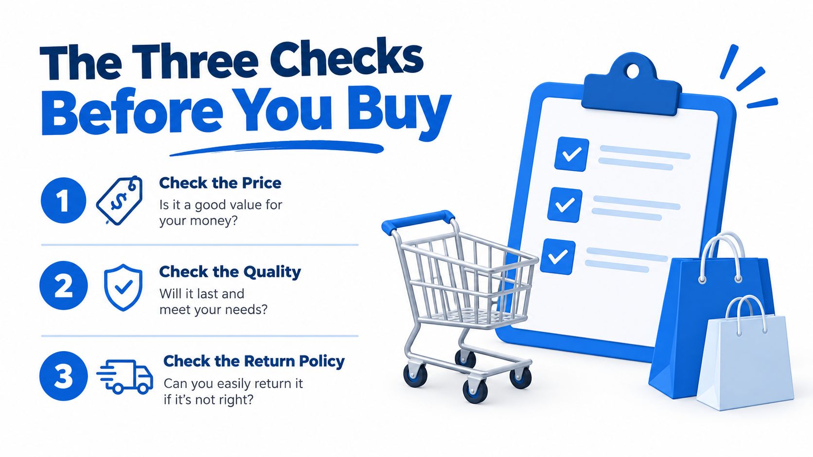 An infographic titled The Three Checks Before You Buy, featuring a shopping cart, bags, and a clipboard checklist.