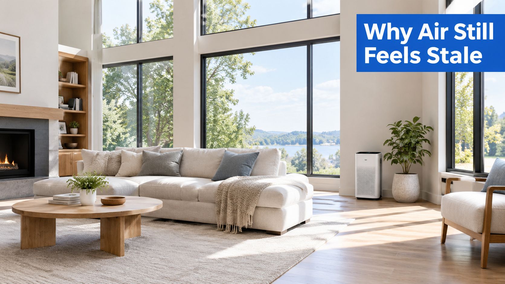 A modern, bright living room featuring a white sofa, fireplace, and an extra large room air purifier.