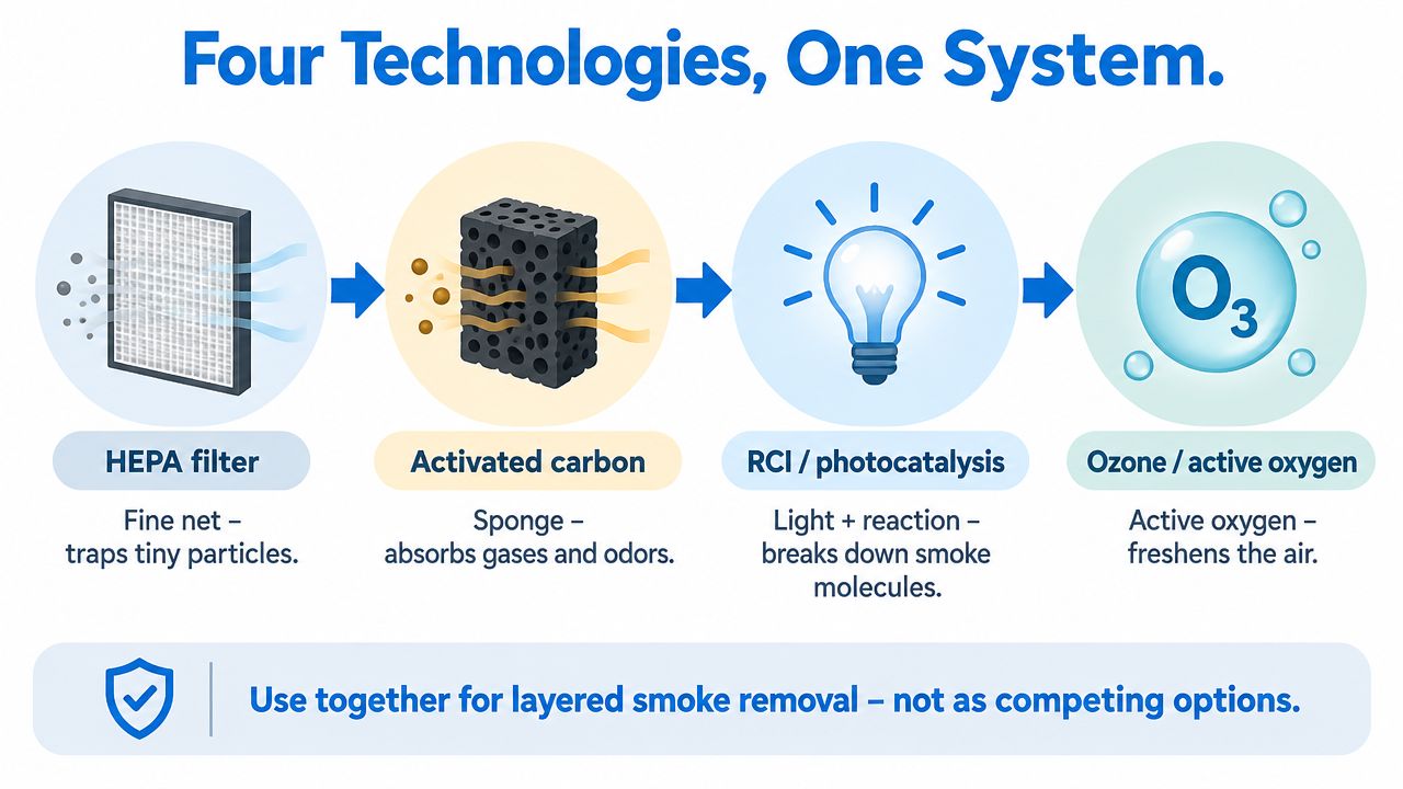 A diagram illustrating a four-stage air purification system used for effective smoke removal in indoor environments.