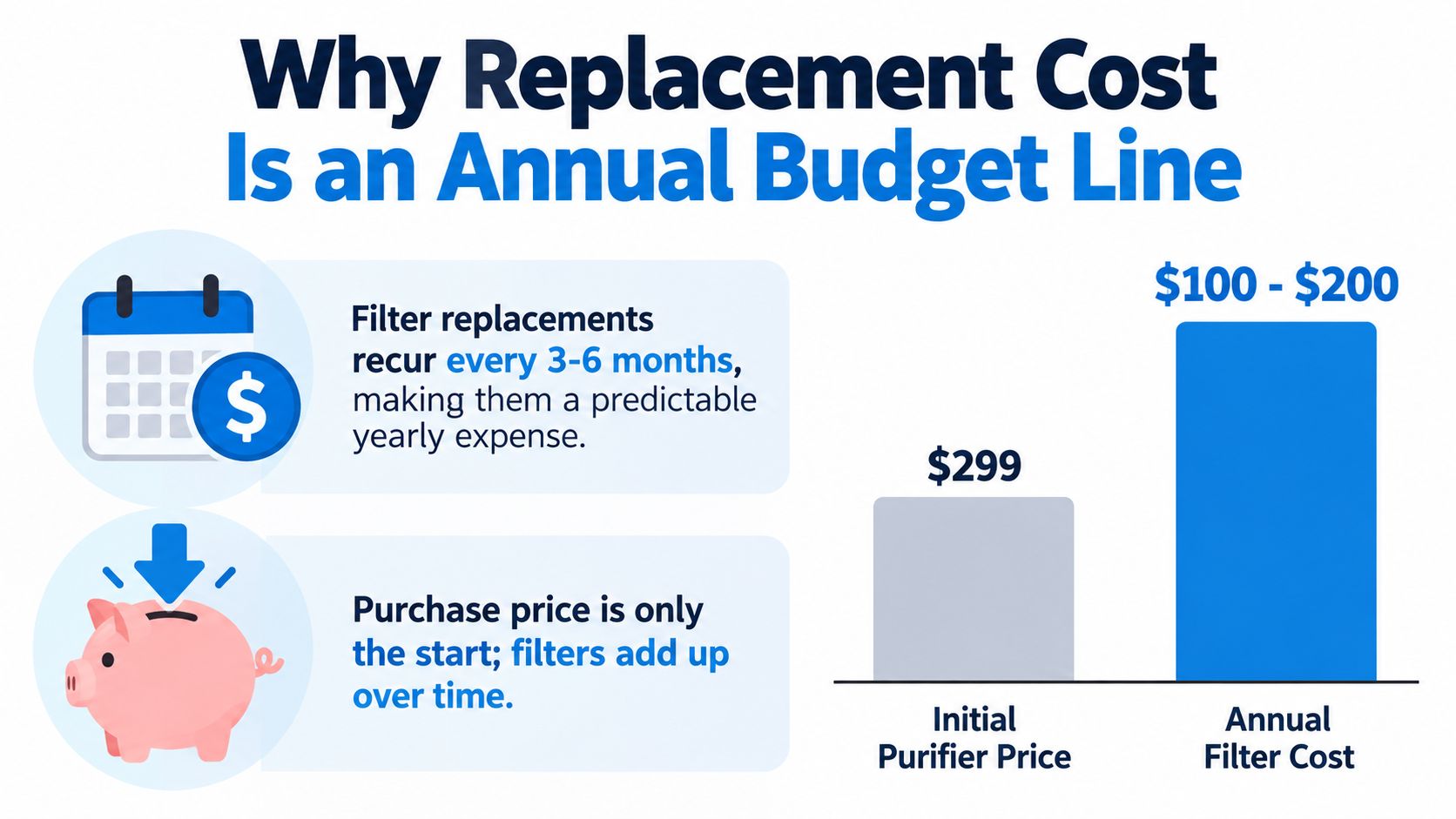 A graphic showing that air purifier filter costs are a predictable annual expense compared to the initial device price.