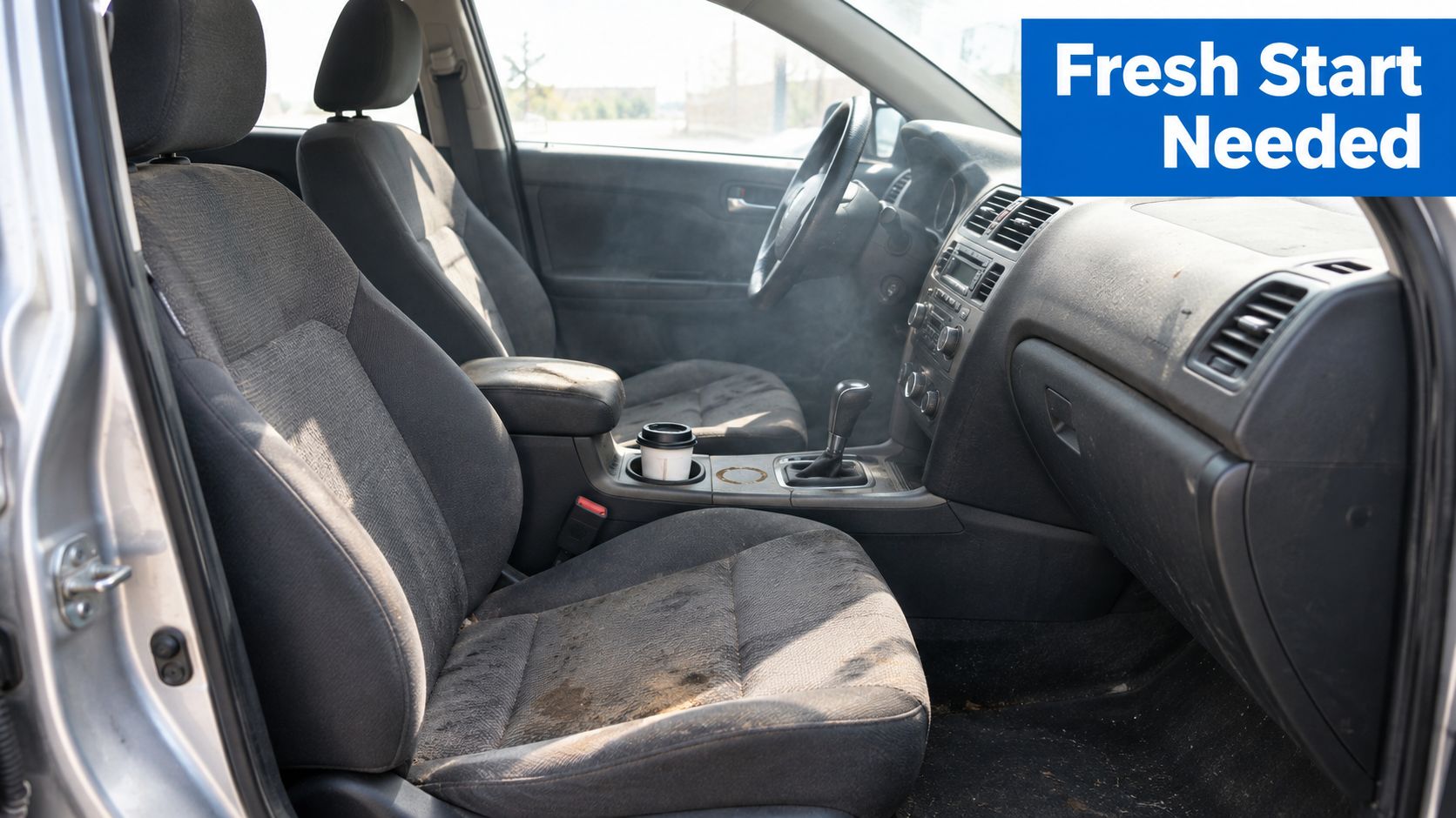 A dirty car interior with visible smoke filling the cabin during an ozone treatment process.