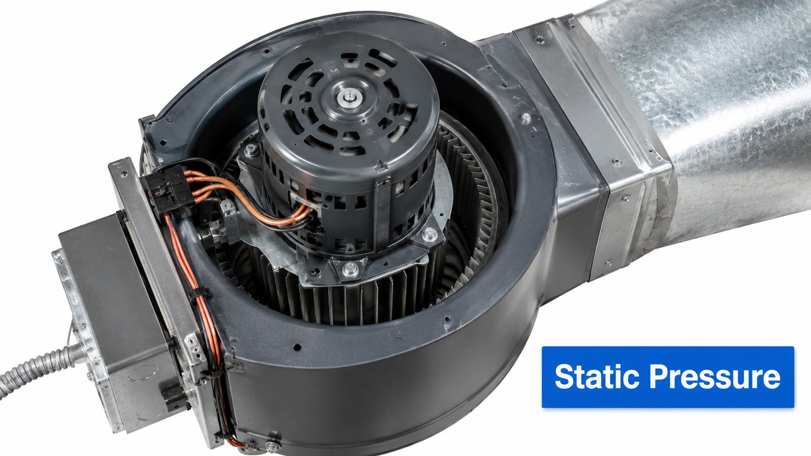 A close-up view of an HVAC blower motor assembly connected to a metal air duct system.