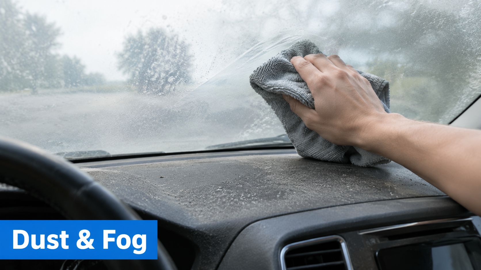 A hand wiping dust and fog from a car windshield with a grey microfiber cleaning cloth.