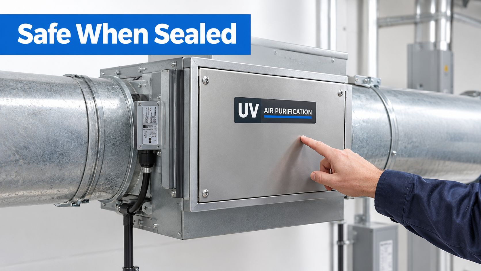A technician's hand points toward a UV air purification system installed on a large metal ventilation duct.