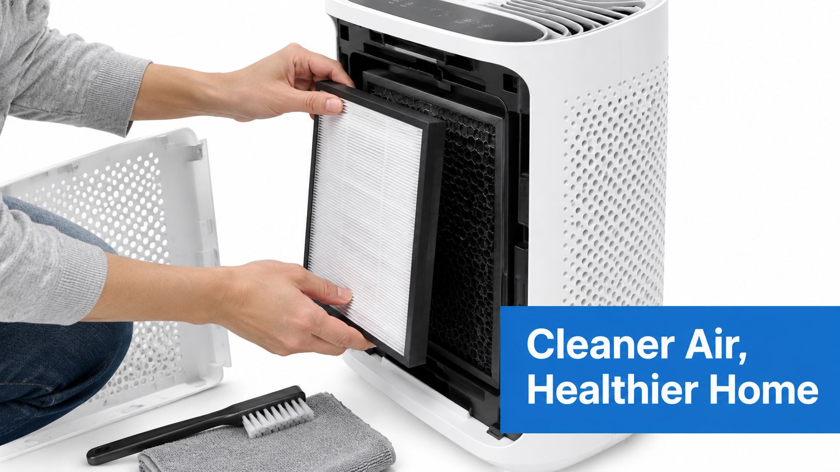 A person replacing the filter inside a white air purifier with a cleaning brush and cloth nearby.