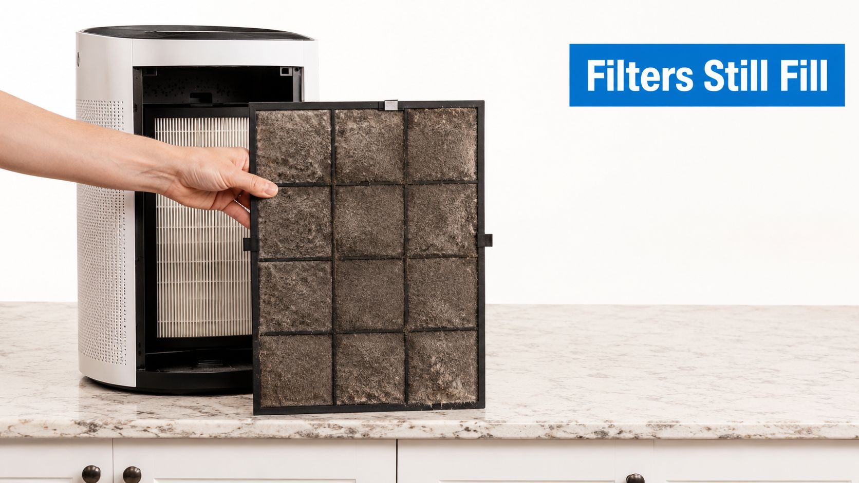A person holding a dirty, dust-covered air purifier pre-filter next to the air purifier unit.