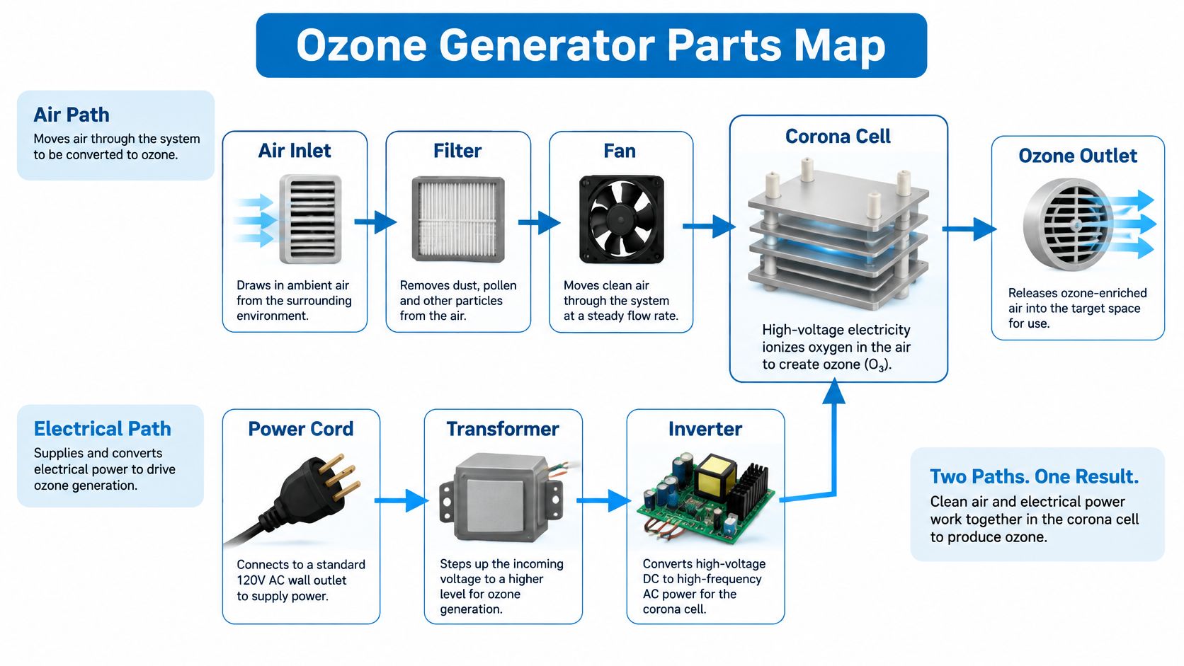 A diagram illustrating the parts and internal air and electrical paths of an ozone generator system.