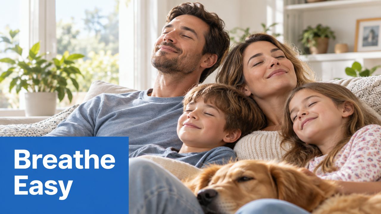 A happy family relaxing on a couch at home with their dog, enjoying clean and fresh air.