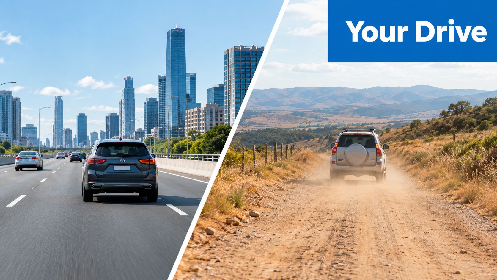 A split screen comparing a car driving on a paved city highway and a car driving off-road.