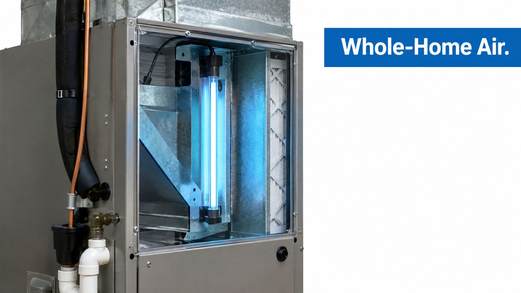 A UV light air purifier system installed inside a residential furnace unit to clean the air.