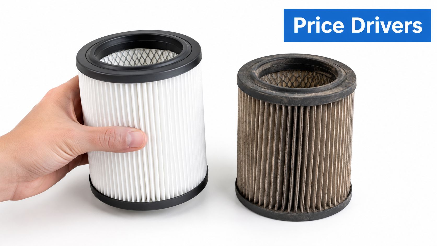 A hand holding a clean white replacement filter next to a dirty used air purifier filter.
