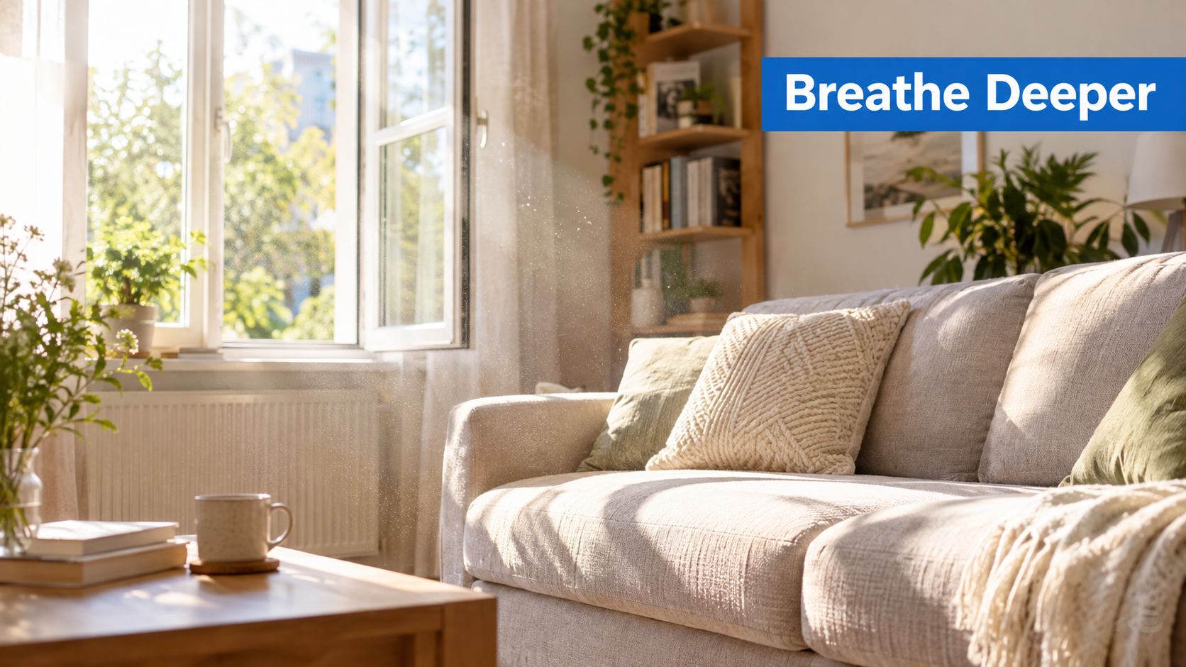 A cozy, sunlit living room with an open window showing floating dust particles and a comfortable sofa.