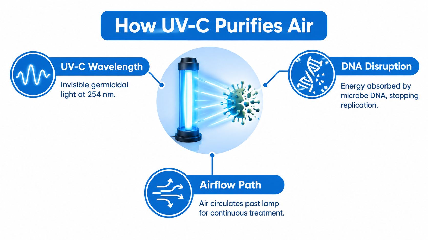 A diagram explaining how UV-C light air purifiers work by disrupting microbe DNA through specific wavelengths.