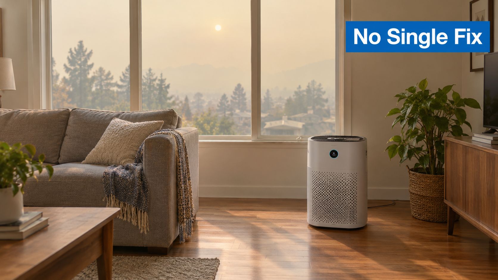 An air purifier operating in a modern living room with a smoky, hazy landscape visible outside.