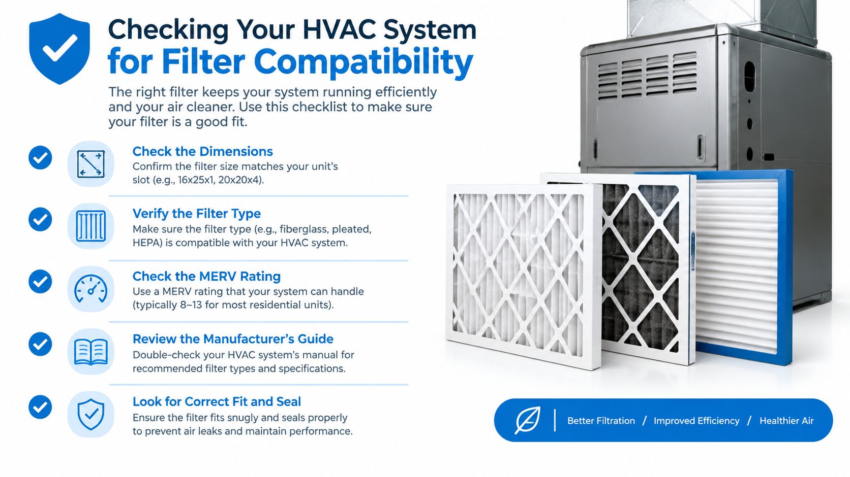 An infographic checklist for selecting the correct HVAC system air filter for optimal home efficiency and air quality.