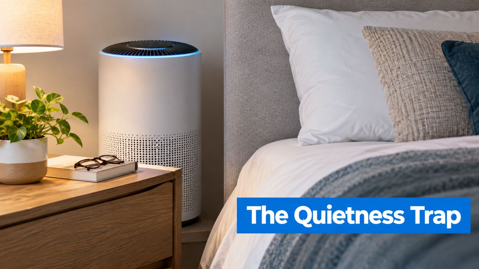 A modern white air purifier placed on a wooden nightstand next to a bed in a bedroom.