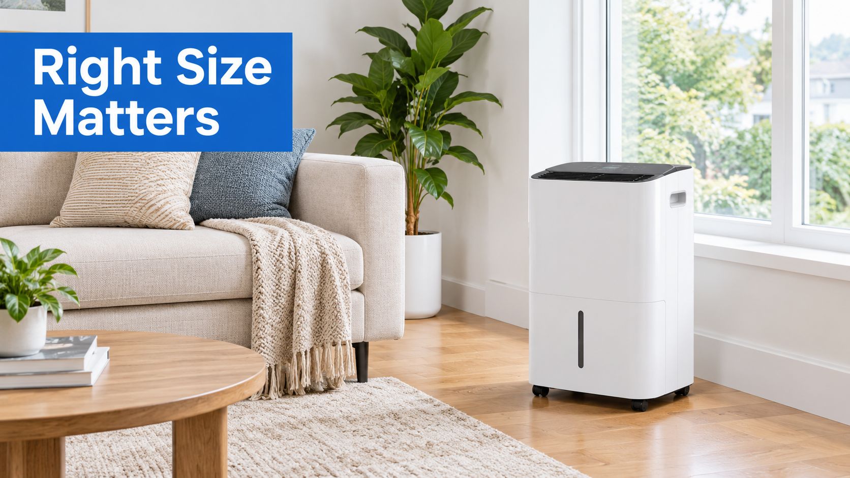 A modern white dehumidifier stands in a bright, cozy living room next to a sofa and plants.