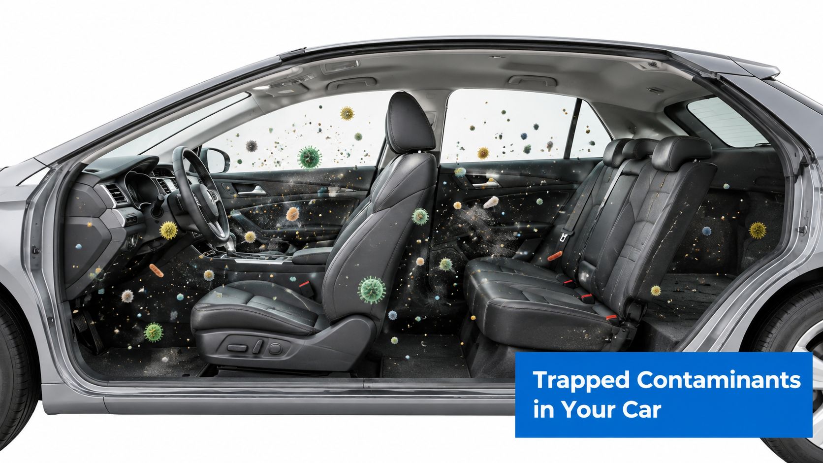 A car interior filled with floating microscopic viruses, bacteria, and allergens representing trapped contaminants in the air.